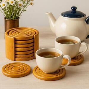 Kamenstein 2000s Rubberwood Coaster Set Of 6 With Caddy, 4”